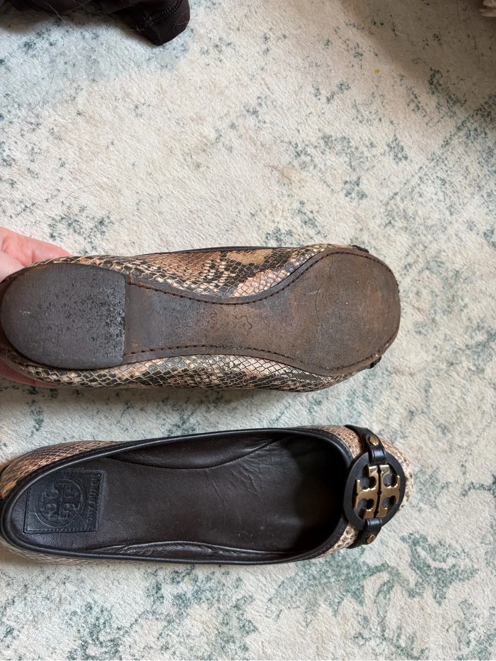 Tory Burch Brown Snakeskin-Print Leather Logo Ballet Flats